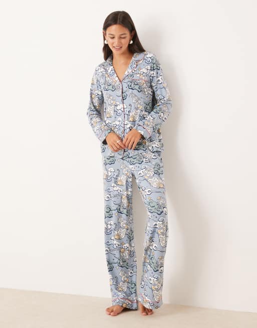 Chelsea Peers – Pyjama aus Polyester mit Tiger- und Wolkenprint, bestehend aus langärmligem Oberteil mit Reverskragen und Hose