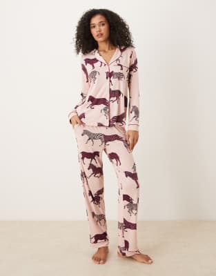 Chelsea Peers - Pyjama aus Polyester mit Zebramuster aus langärmligem Oberteil mit Reverskragen und Hose-Rosa