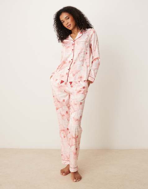 Chelsea Peers – Pyjama aus Satin mit Muster mit Briefen an den Weihnachtsmann, mit langärmligem Oberteil mit Reverskragen - view 1