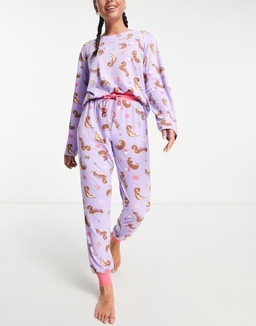 Chelsea Peers – Pyjama mit Bündchenhose und langärmligem Oberteil in Flieder und Rosa mit Dackel-Geburtstagsprint