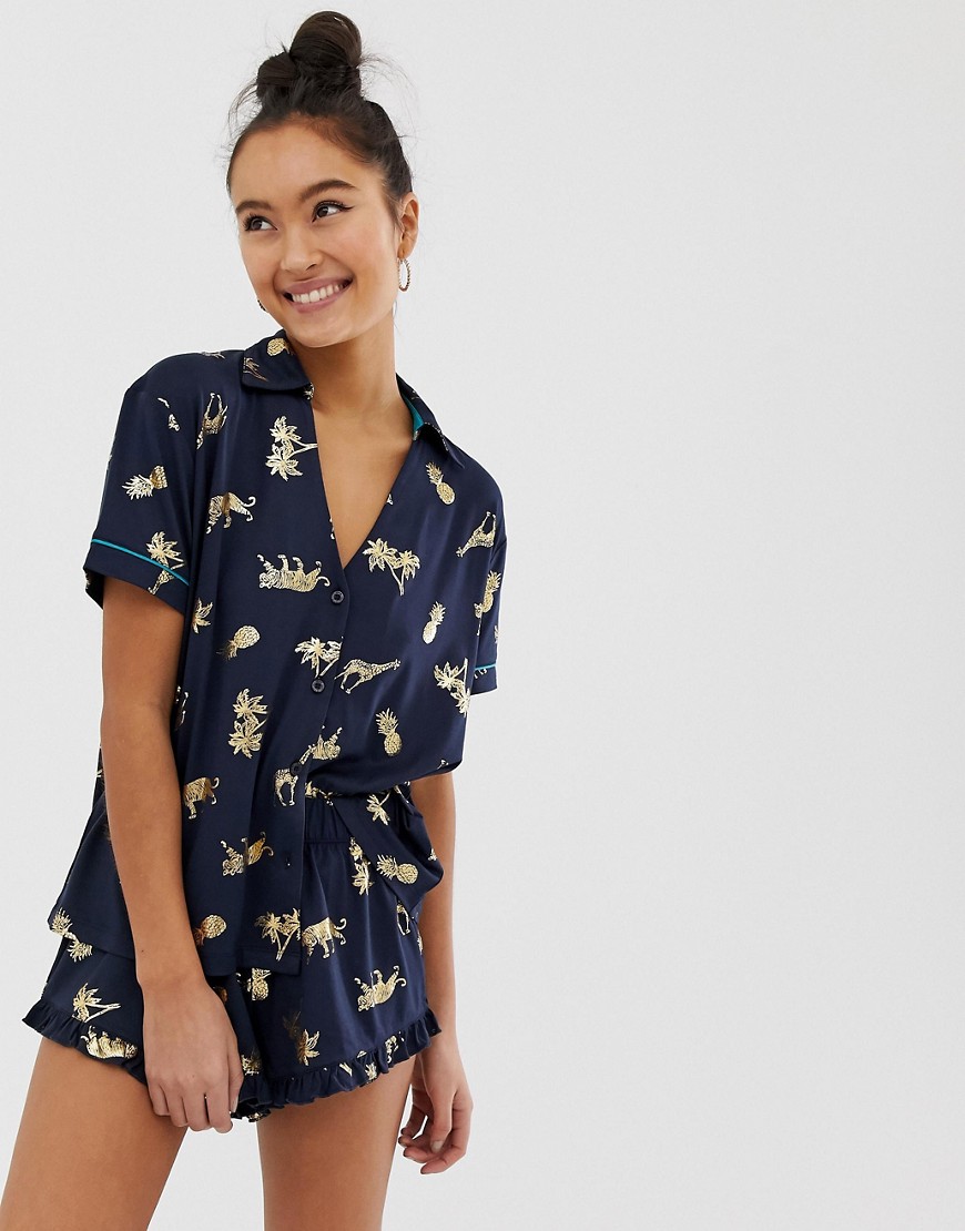 Chelsea Peers - Pyjama-set met folie dierenprint en revers in marineblauw-Multi