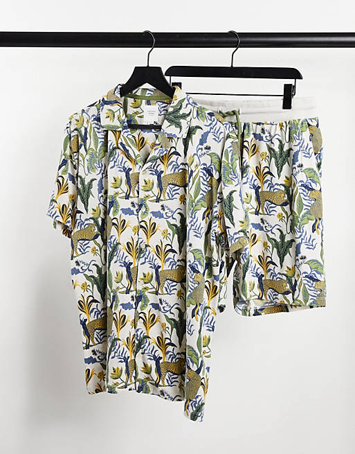 Chelsea Peers pyjama shirt and short set in tropical print