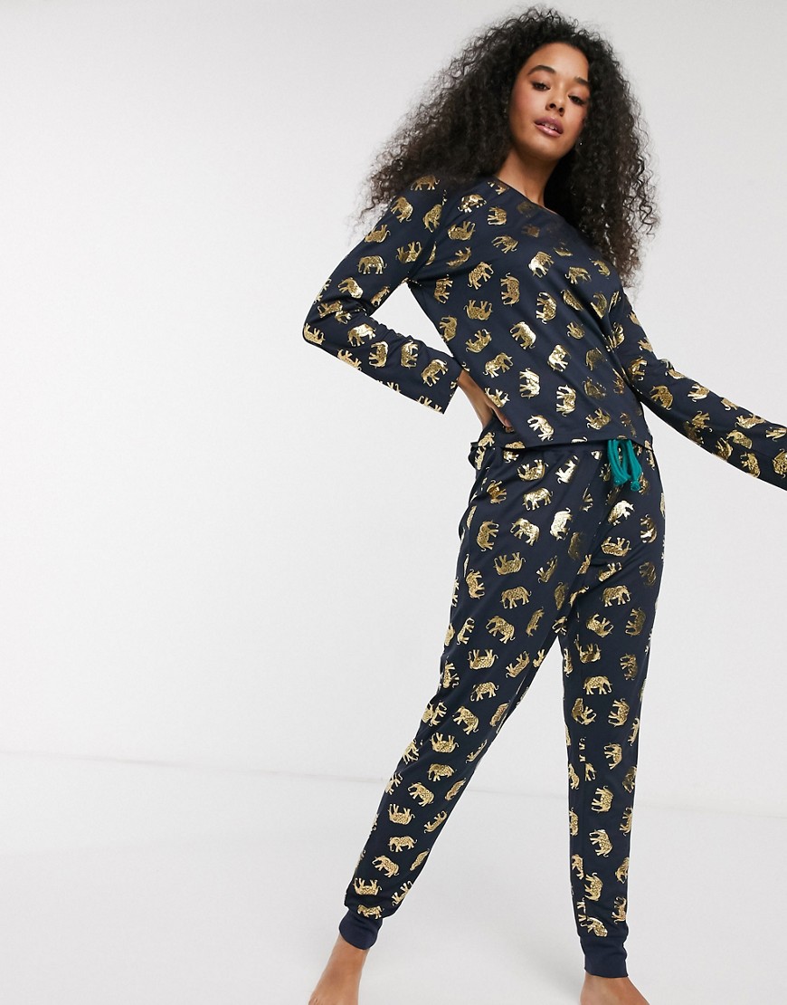 Chelsea Peers – Pyjamas i guldfärgat elefantmönster-Marinblå