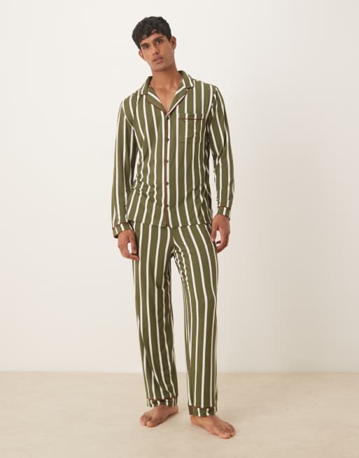 Chelsea Peers – Pyjamaset für Ihn aus Polyester in Khaki mit Streifen aus langärmligem Oberteil mit Reverskragen und Hose