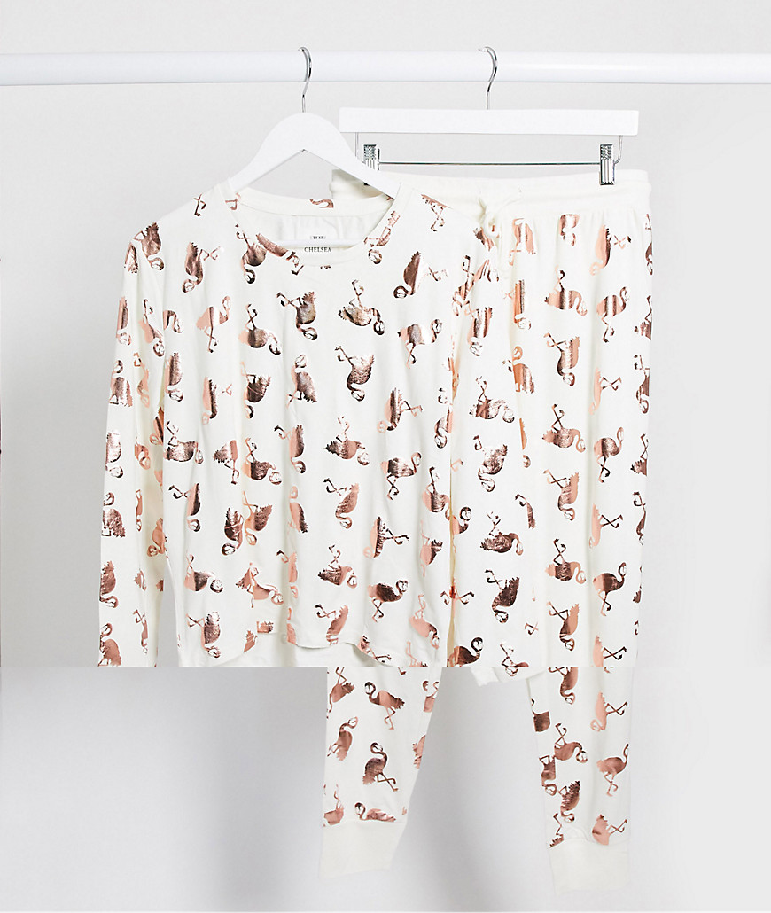 Chelsea Peers - Pyjamaset in wit met flamingo-folieprint