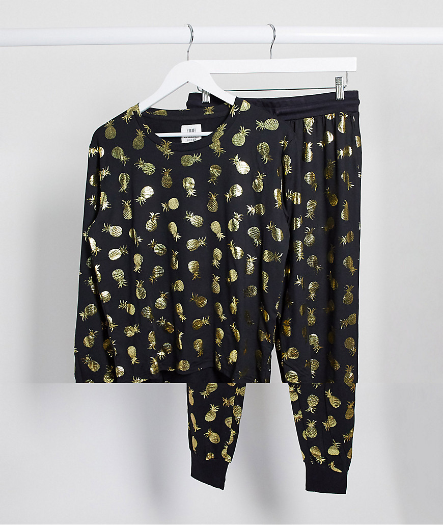 Chelsea Peers - Pyjamaset in zwart met ananas-folieprint