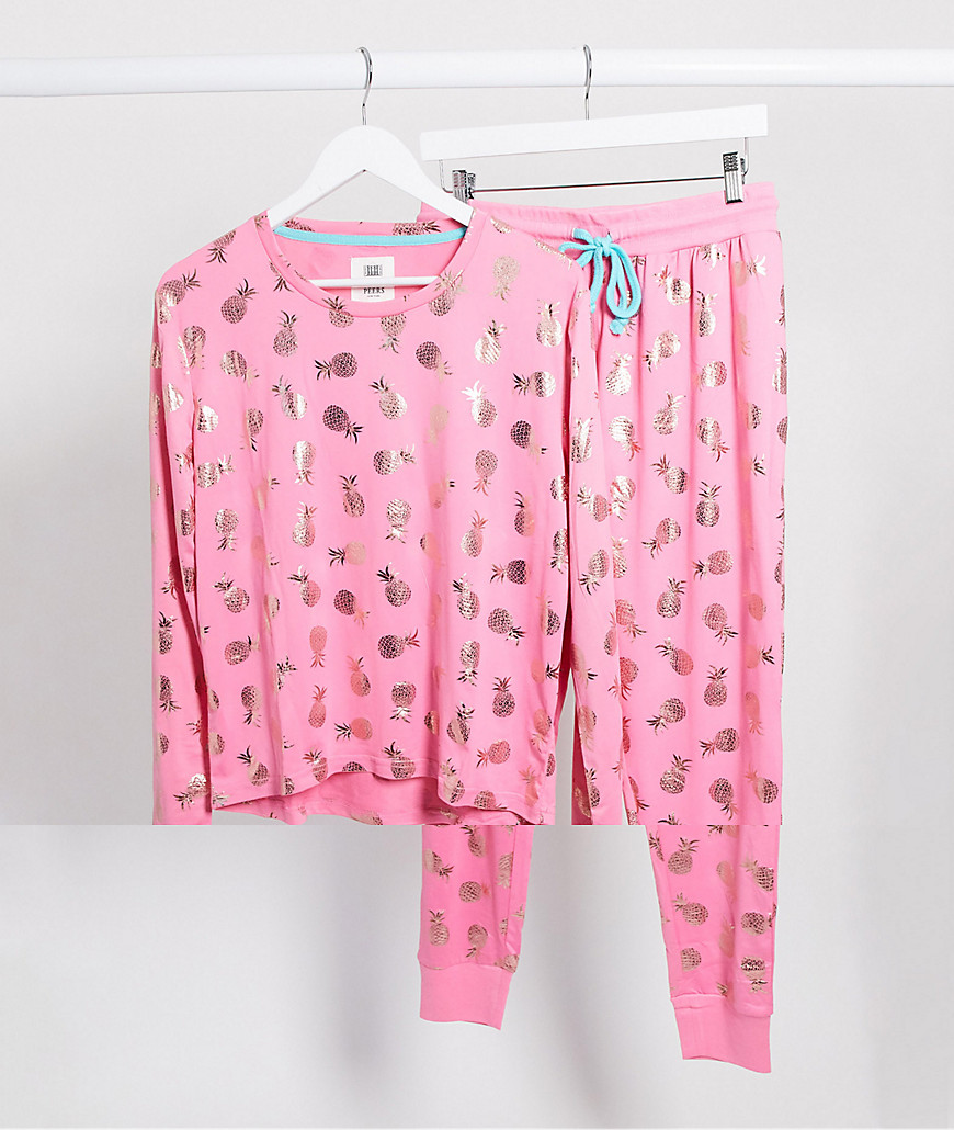 Chelsea Peers - Pyjamaset met folie-ananasprint in roze en goud