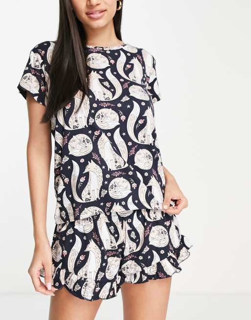 Chelsea Peers - Pyjamaset met short en poolvos print in marineblauw