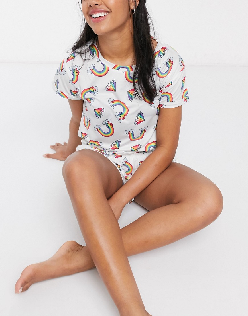 Chelsea Peers - Pyjamaset - T-shirt en short met regenboogprint-Wit