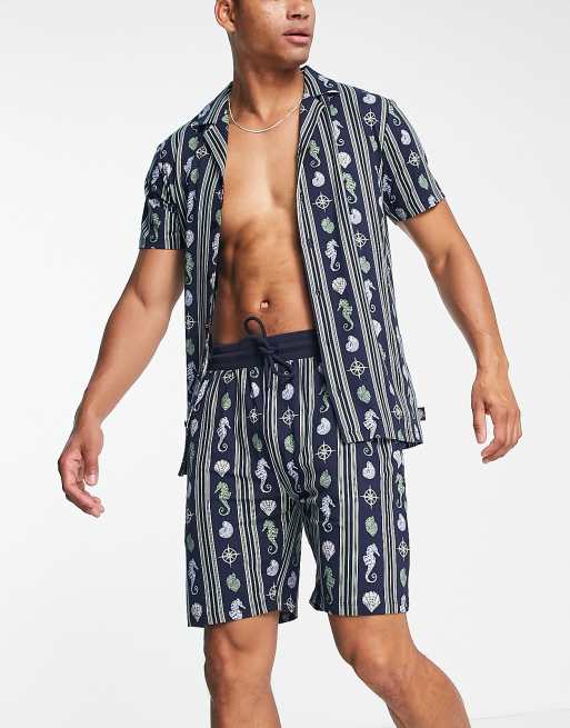 Chelsea Peers - Pyjamaset van jersey met zeepaardjesprint en short in marineblauw