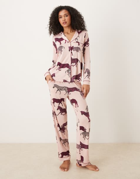 Chelsea Peers - Pyjamassæt med langærmet skjorte med reverskrave og zebraprint i polyester - view 1