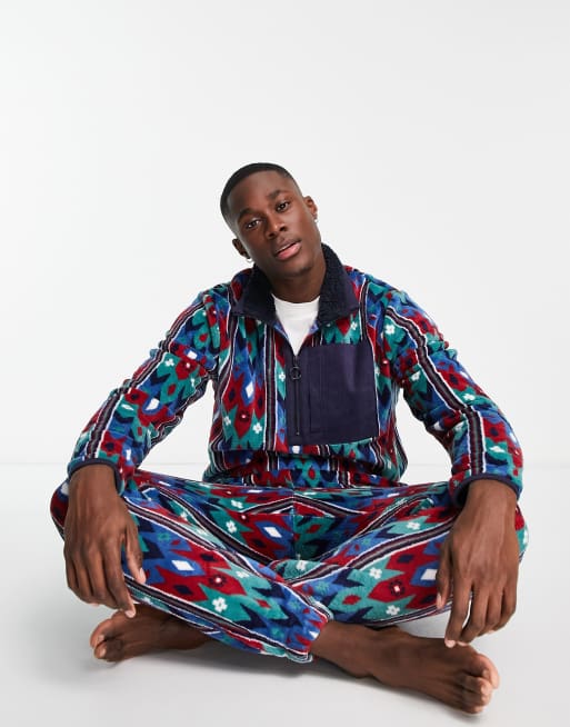 Chelsea Peers quarter zip fleece and trackies set in navy and red print