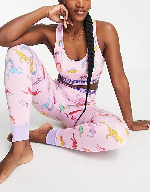 Chelsea Peers rainbow dinosaur crop top and legging pajama set in pink