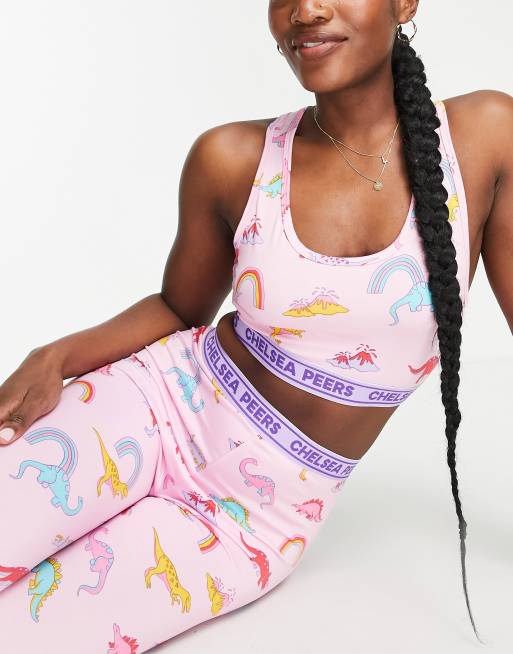 Chelsea Peers rainbow dinosaur crop top and legging pajama set in