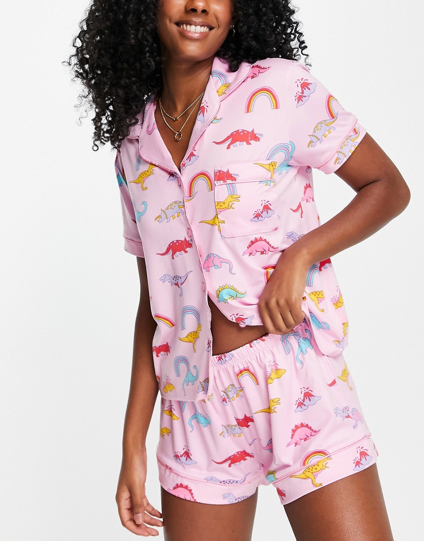 Chelsea Peers rainbow dinosaur short button-up pajama set in pink