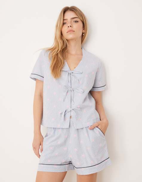 Chelsea Peers – Randigt, sjöstjärnemönstrat pyjamasset i bäckebölja med shorts och kortärmad skjorta med platt krage - view 1