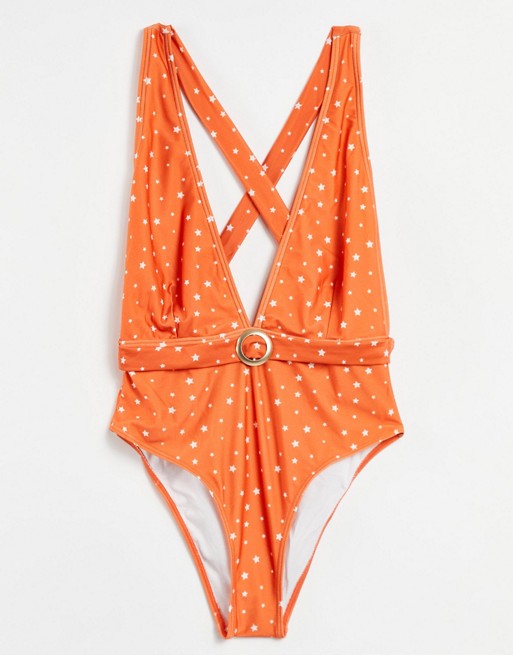 Chelsea Peers orange spotted swimsuit with criss cross back