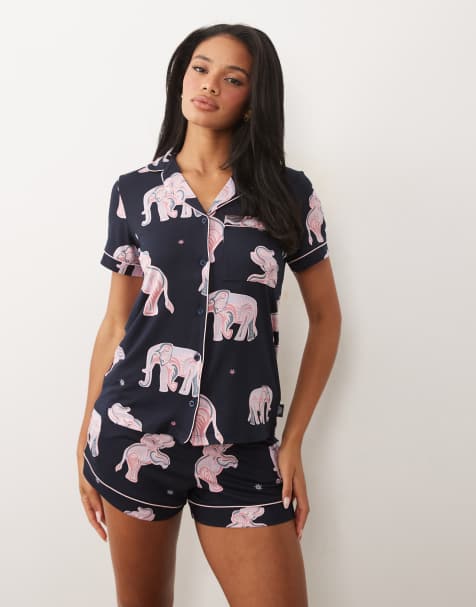 Chelsea Peers revere top and shorts set with elephant print in navy watercolour - view 1