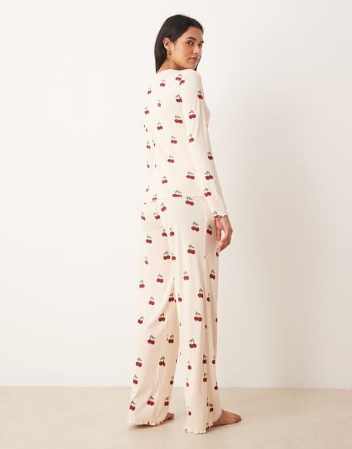 Chelsea Peers ribbed long sleeve pyjama set in ditsy cherry stripe print, 3 of 4