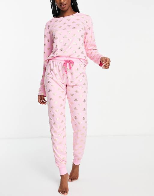 Chelsea Peers – Rosa, lång pyjamas med folierade bin