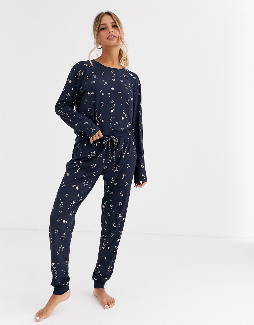 Chelsea Peers rose gold foil star print long pyjama set-Navy