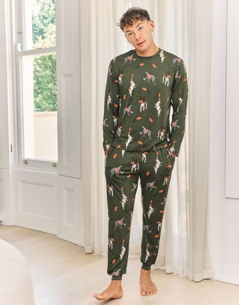 Chelsea Peers Rugby dogs print long pyjama set in khaki - view 1