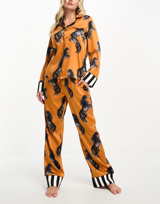 Chelsea Peers satin horse print button top and pants pajama set with striped hem in orange