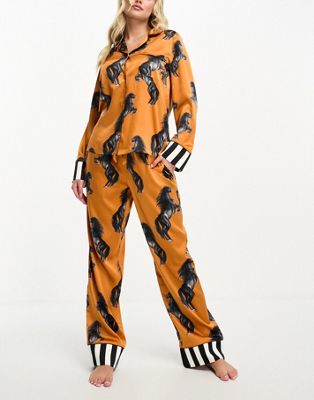 Chelsea Peers satin horse print button top and trouser pyjama set with striped hem in orange
