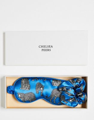 Chelsea Peers satin leopard print eyemask and scrunchie set in colbolt blue