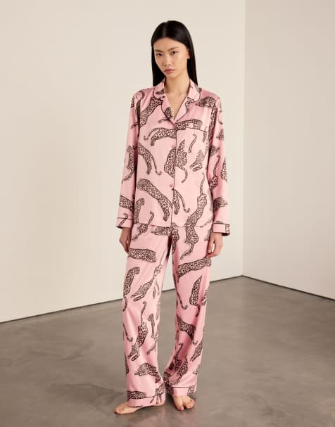 Chelsea Peers Satin lino cut leopard print long pyjama set - pink in pink - view 1