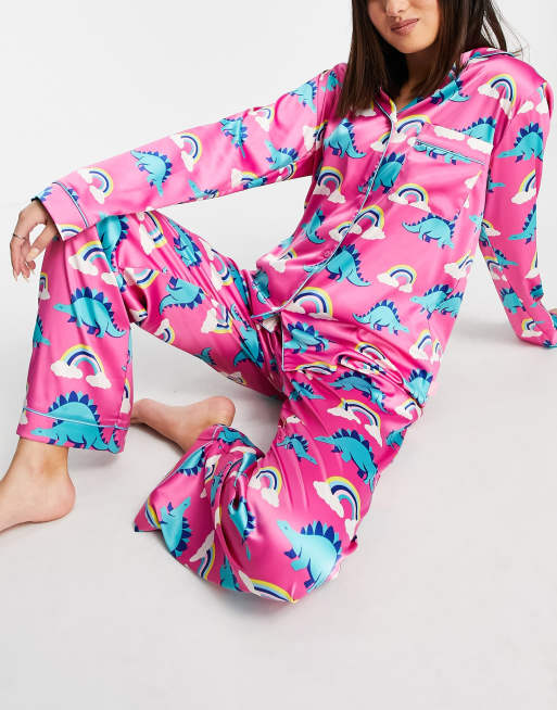 Chelsea Peers satin long pyjama set in dino rainbow print