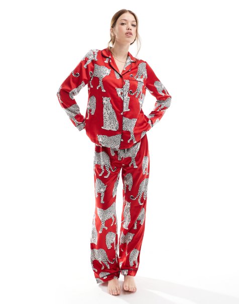 Chelsea Peers satin long sleeve revere and pants pajama set in red leopard print - view 1