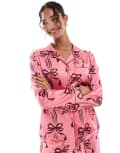[Chelsea Peers] Chelsea Peers satin long sleeve revere pyjama set in bow print-Pink 14 PINK