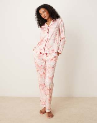 Chelsea Peers Satin Long Sleeve Revere Pyjama Set In Pink