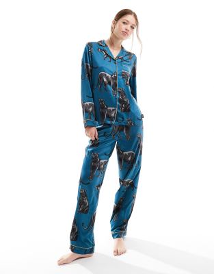 satin panther print button top and pants pajama set in forest green