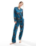 [Chelsea Peers] Chelsea Peers satin panther print button top and pants pyjama set in forest green M Forest green