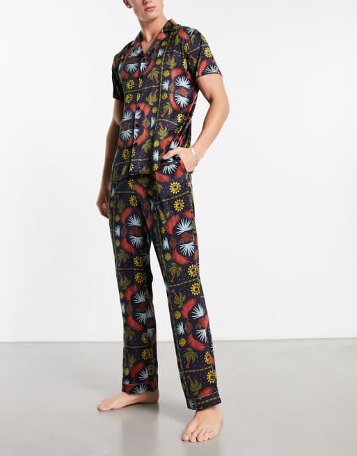 Chelsea Peers satin pyjama set in orange tile print