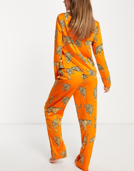 Chelsea Peers satin revere top and long bottom pajama set in orange tiger  print