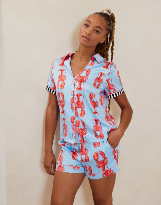 Chelsea Peers satin short sleeve revere shirt and shorts set in lobster print 