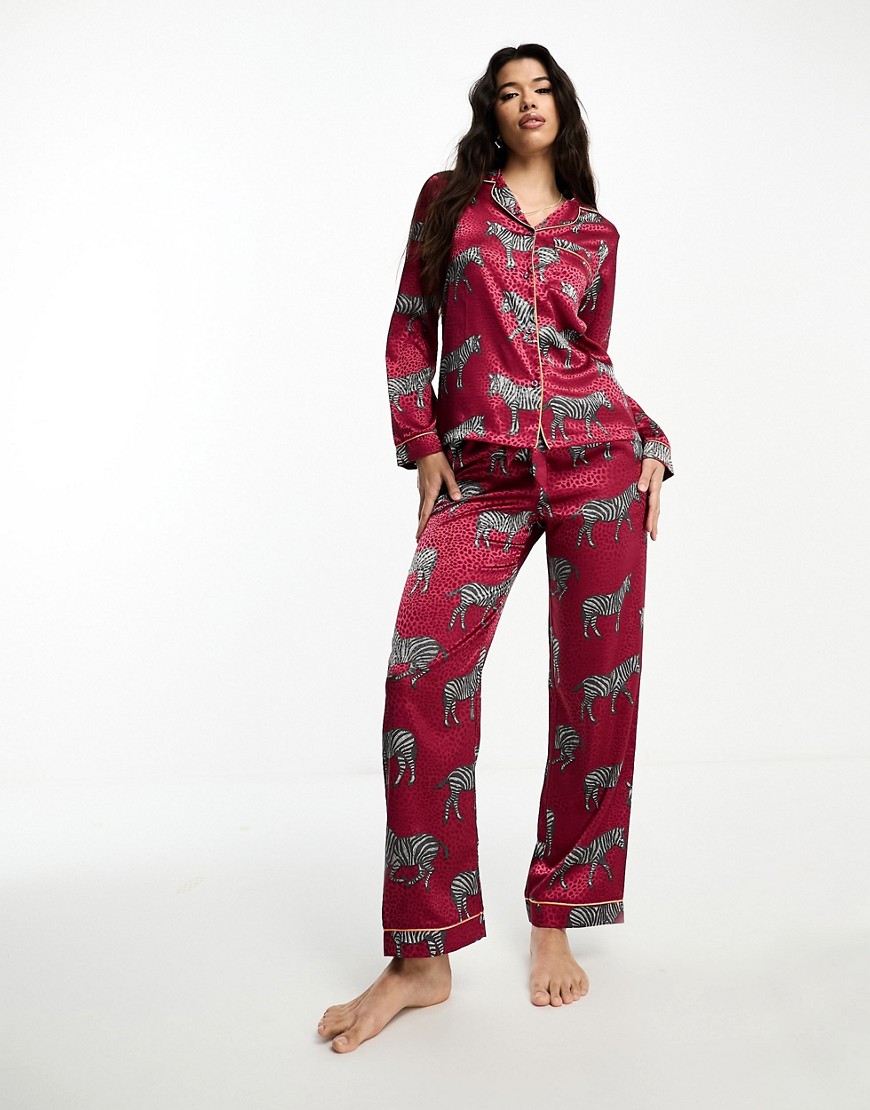 Chelsea Peers Satin Zebra Print Button Top And Pants Pajama Set In Burgundy-red
