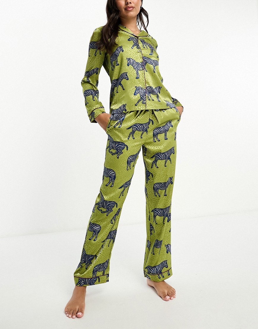satin zebra print button top and pants pajama set in khaki-Green