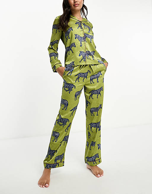 Chelsea Peers satin zebra print button top and pants pajama set in ...