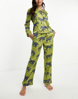 Chelsea Peers satin zebra print button top and trouser pyjama set  in khaki - ASOS Price Checker