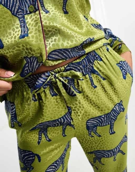 Chelsea Peers satin zebra print button top and trouser pyjama set  in khaki, 3 of 4
