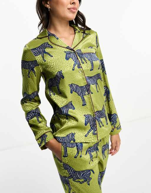 Chelsea Peers satin zebra print button top and trouser pyjama set  in khaki, 4 of 4