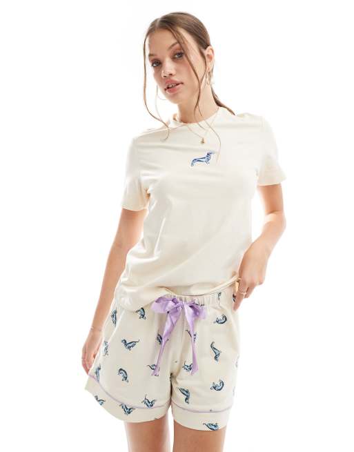 Chelsea Peers sausage dog print t-shirt and shorts pyjama set in cream
