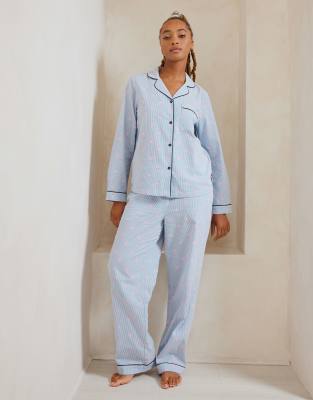 Chelsea Peers Chelsea Peers seersucker long sleeve shirt and trouser set in striped Starfish print-Blue