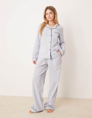 Chelsea Peers - Set aus gestreiftem Seersucker mit Seestern-Print bestehend aus langärmligem Hemd und Hose-Blau