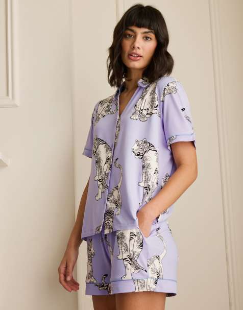 Chelsea Peers – Set aus Polyester mit Tigerprint bestehend aus kurzärmligem Hemd mit Reverskragen und Shorts - view 1