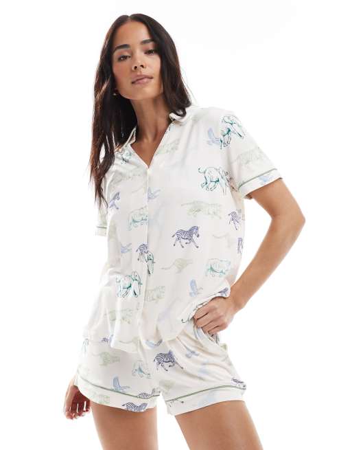 Chelsea Peers - Set van polyester met overhemd met korte mouwen, reverskraag en short in safaridierenprint 